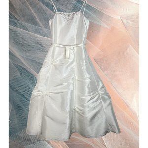 Mary's Bridal Flower Girl Dress White Satin Tea Length Wedding Dress Size 10